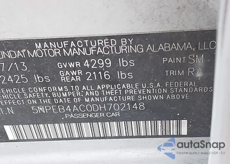 2013 Hyundai Sonata Gls из США, поврежденный, VIN 5NPEB4AC0DH702148